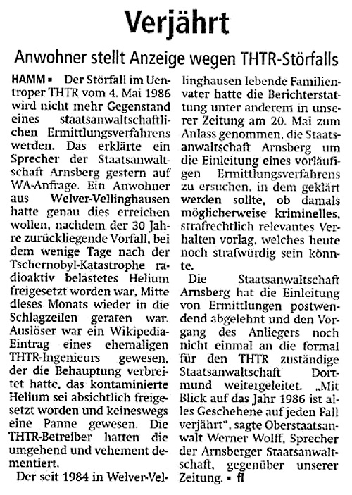 Westfälischer Anzeiger vom 31.05.2016 - Verjährt - Anwohner stellt Anzeige wegen THTR-Störfalls