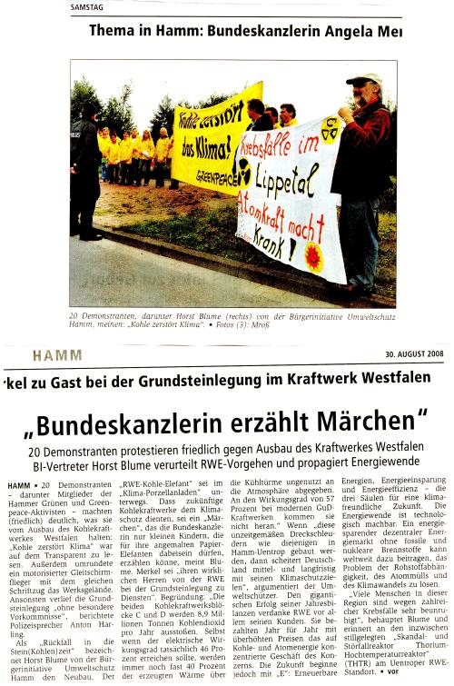 Westfälischer Anzeiger vom 30.08.08 - Grundsteinlegung Kohlekraftwerk Westfalen, Bundeskanzlerin erzählt Märchen zur Feier des Tages