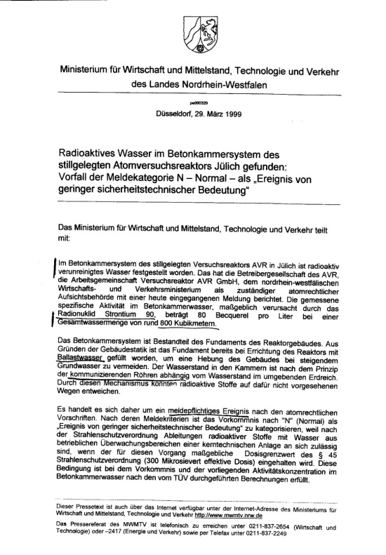 Brief van het verantwoordelijke ministerie van Noordrijn-Westfalen van 29-03-1999