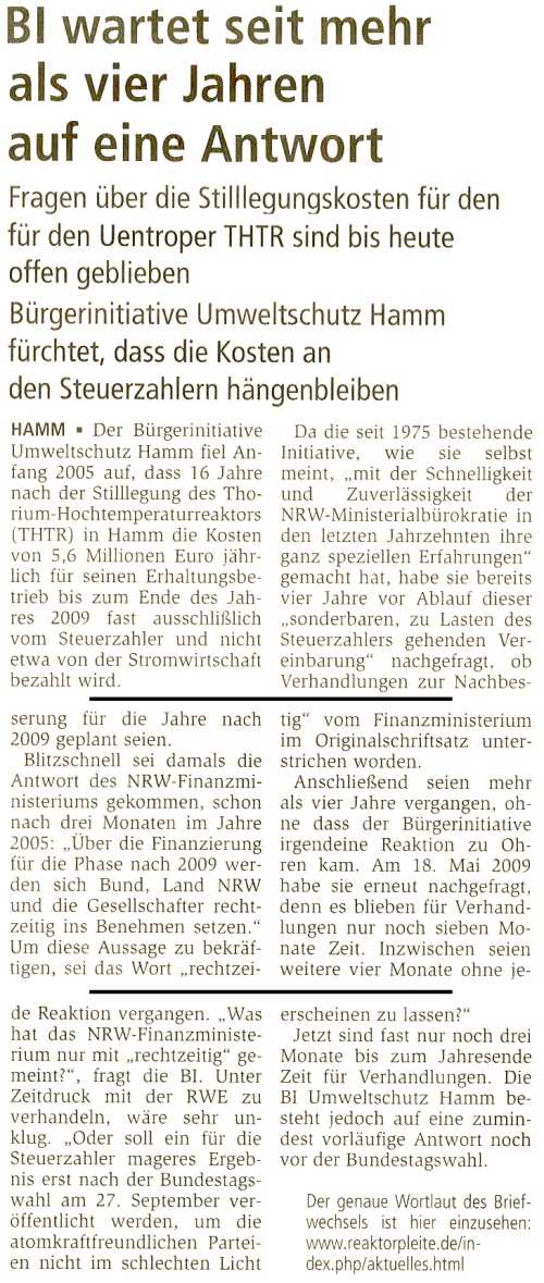 17.09.09/XNUMX/XNUMX - Westfälischer Anzeiger - BI รอคำตอบมาสี่ปีแล้ว!