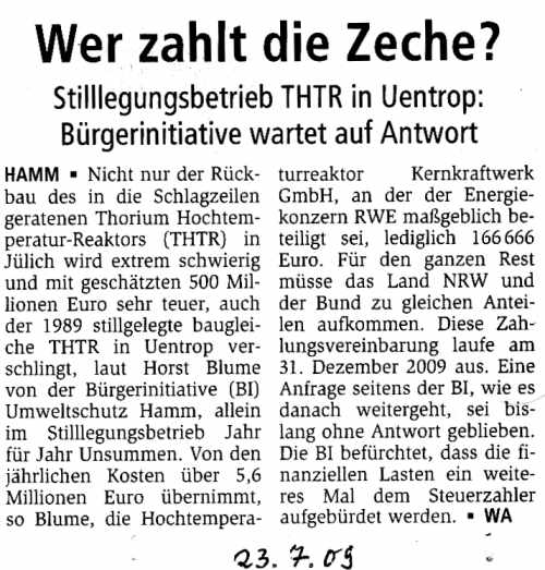 23.7.09년 XNUMX월 XNUMX일 Westfälischer Anzeiger - 누가 청구서를 지불합니까?