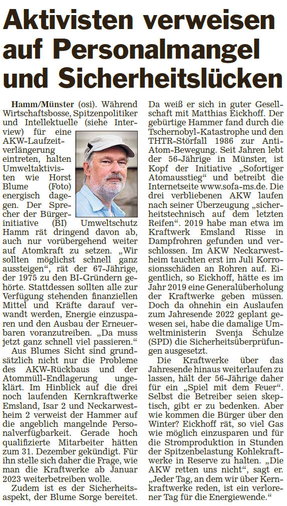 Die Glocke vom 06 08 2022 - Aus Horst Blumes Sicht sind nicht nur die Probleme des Akw-Rückbaus und der Atommüll-Lagerung ungeklärt ...