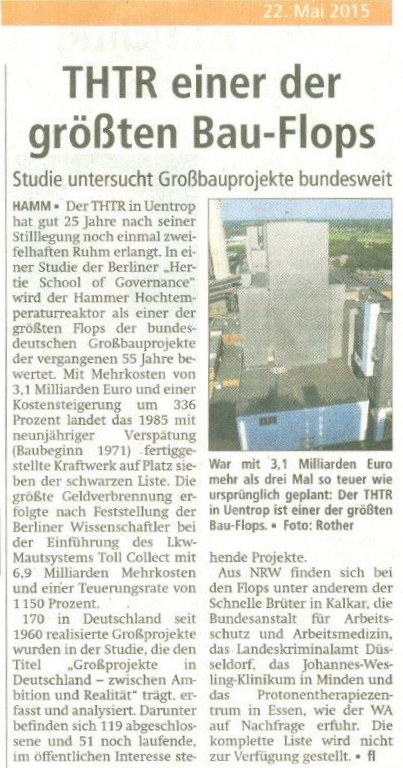 22.05.2015년 XNUMX월 XNUMX일 - 의심스러운 명성: Uentrop의 THTR은 전국적으로 가장 큰 건설 실패 중 하나입니다. - Westfälischer Anzeiger