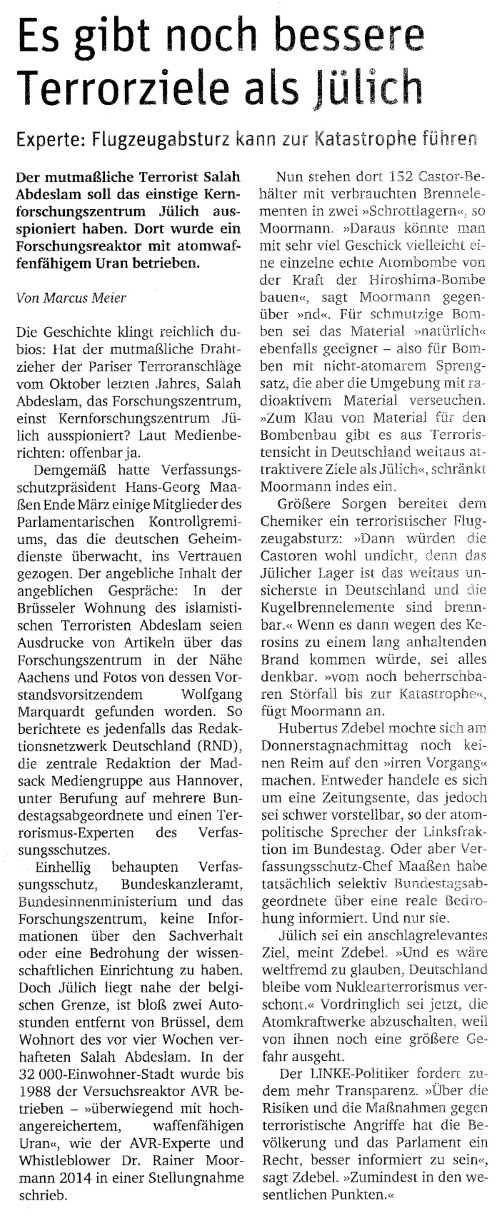 Neues Deutschland z 15.04.2016. apríla XNUMX - Existujú ešte lepšie teroristické ciele ako Jülich